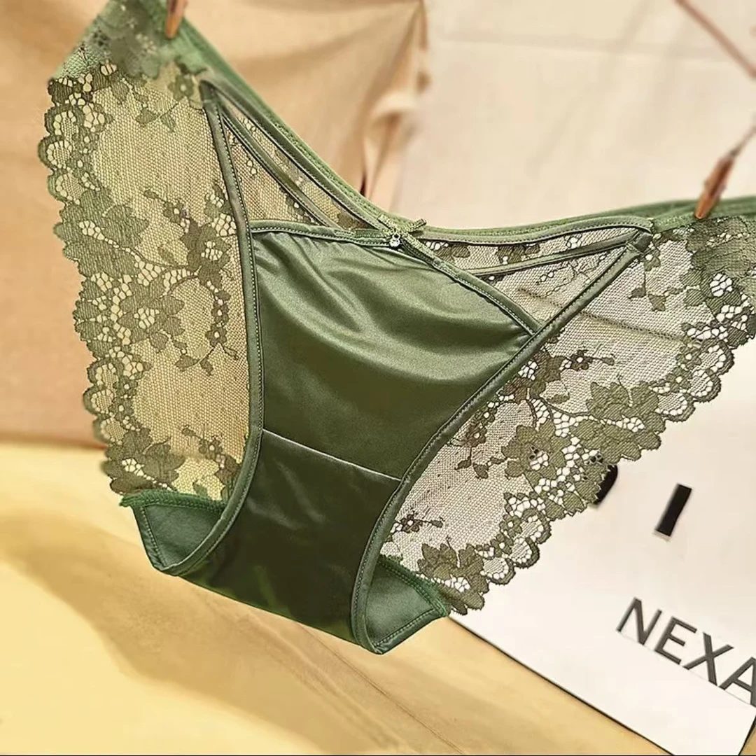 法式浪漫撞色拼接蕾丝网纱性感女士内裤三角提花欧美无痕棉挡钻饰