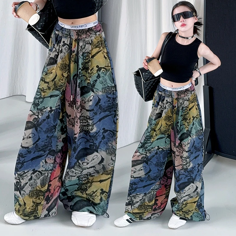 女童春季新款2025扎染渐变魔童哪吒印花阔腿裤大童高腰休闲直筒裤