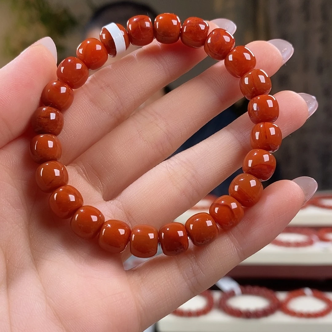 南红玛瑙未镶嵌手串原矿8mm 柿子红瓦西满肉稀有
