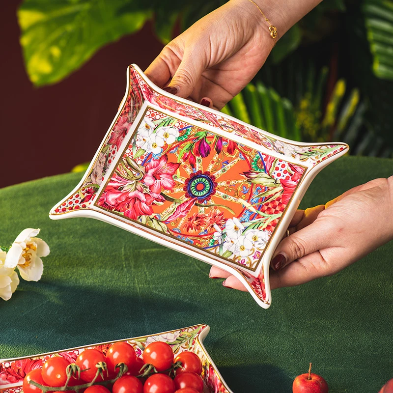 繁花似锦四角托盘家用陶瓷盘子菜盘复古水果盘高颜值长方盘收纳盘