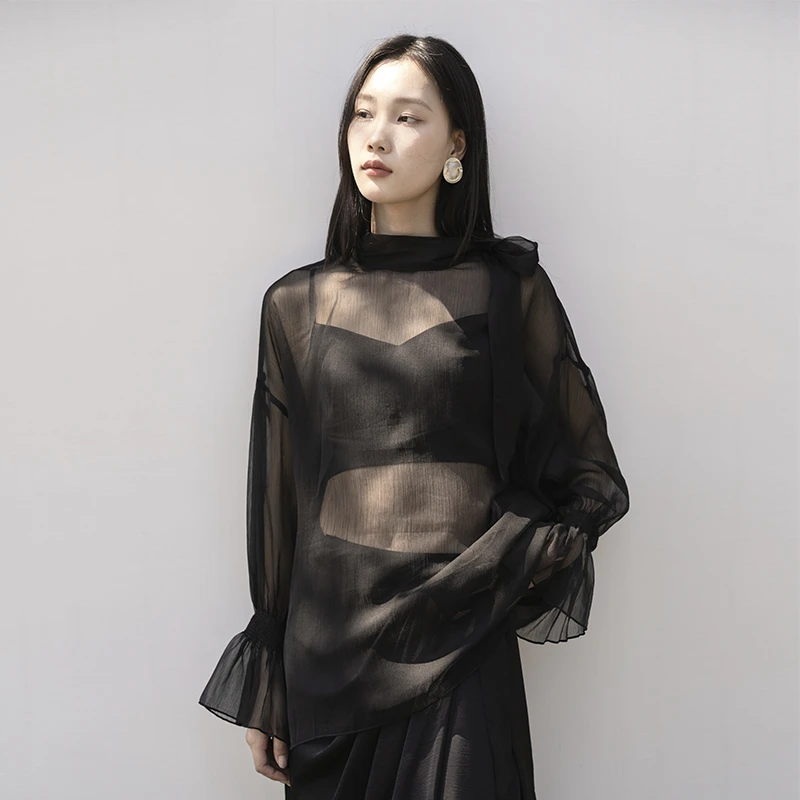 MB·慕白 法式甜美蝴蝶结喇叭袖衬衫女薄网纱上衣套装两件套H9004