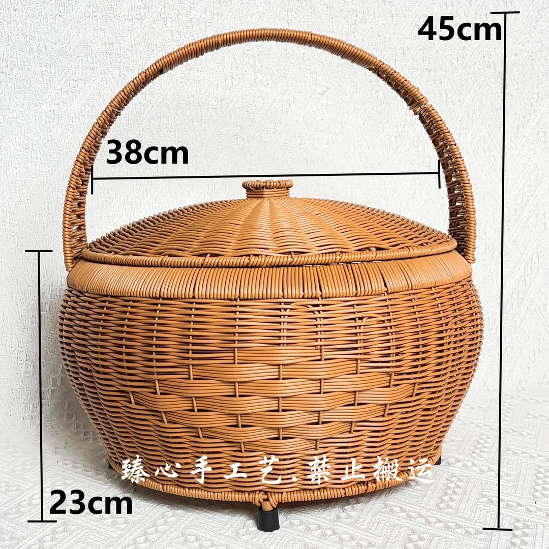 棕色圆口圆底加脚】特大号升级圆形拜神祭祖篮家用野餐拜神篮仿藤