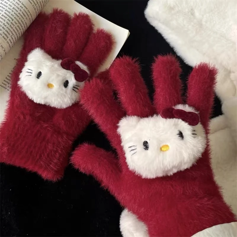 新年红HelloKitty手套兔毛保暖防寒骑车防冻kt猫冬季毛茸茸阿A727