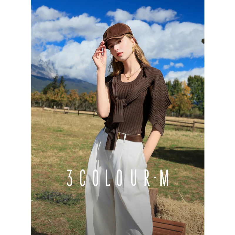 三彩2025春季新款修身短款针织衫两件套开衫外套背心打底衫女M