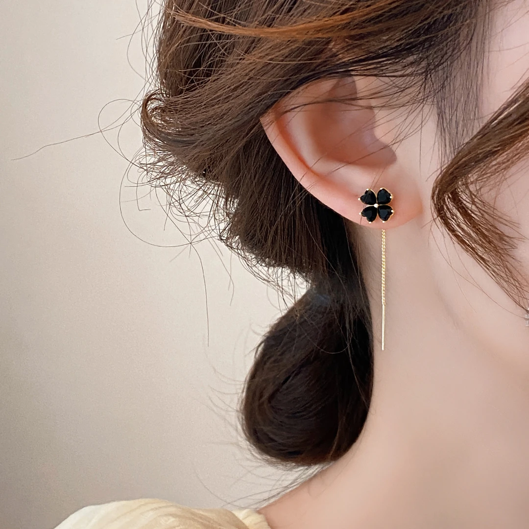 合金耳饰 YIZUN.CHOMEL黑色四叶草流苏耳环轻奢小众设计耳饰新款