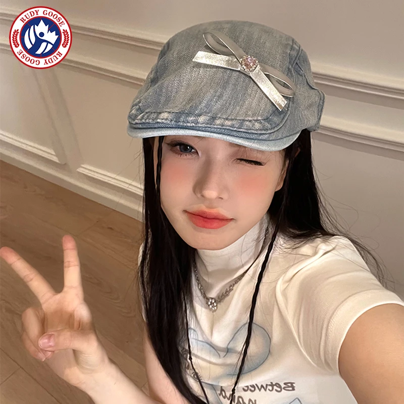 RUDY GOOSE蝴蝶结前进帽女夏季2025新款鸭舌帽子复古牛仔贝雷帽潮