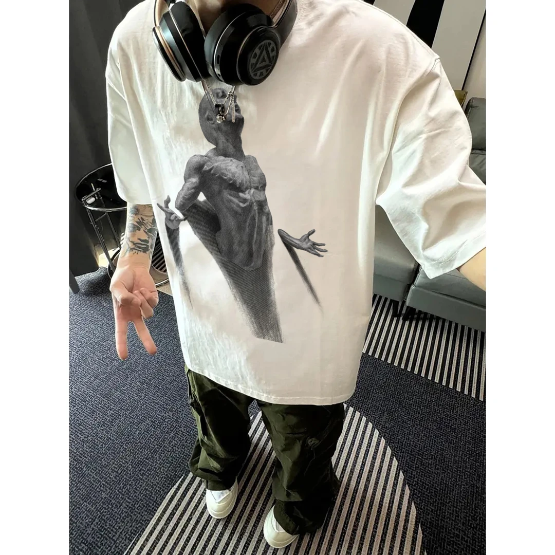 100%纯棉320克重磅印花半袖美式休闲百搭夏季宽松ins韩版设计感