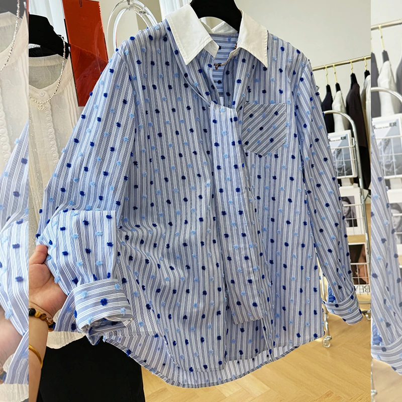 春季女衬衫上衣轻奢休闲款大码长袖衬衣韩版设计感慵懒风宽松波点