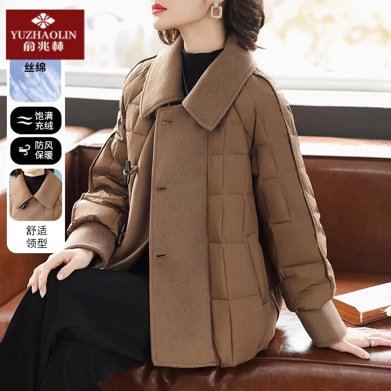 品牌妈妈冬装短款棉服气质新款拼接毛呢外套中老年女冬季保暖棉袄