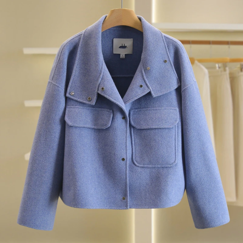 【伍莎-自营】简约纯色暗扣短款双面呢外套#GAS48B011