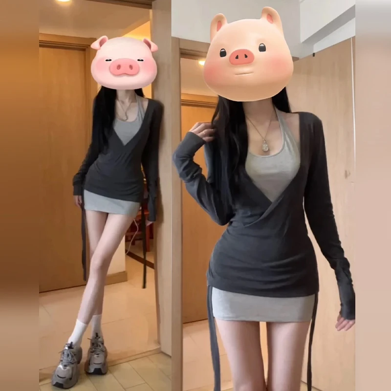 2025夏季新款灰色挂脖吊带连衣裙子女性感纯欲风辣妹包臀短裙套装