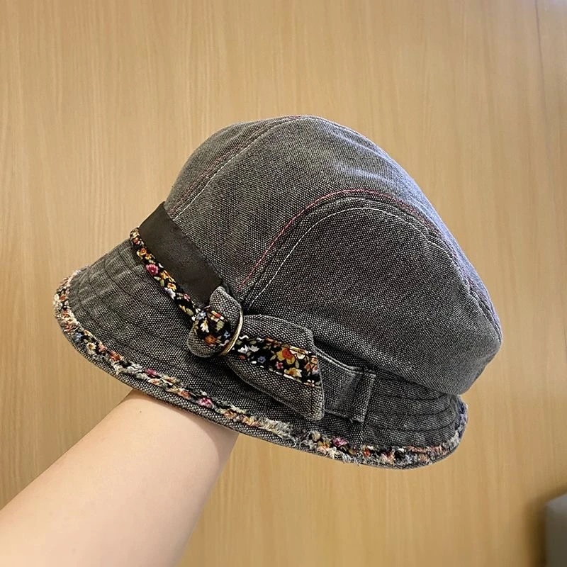 牛仔渔夫帽女2025新款女春季短檐做旧花边民族风盆帽百搭春秋帽子