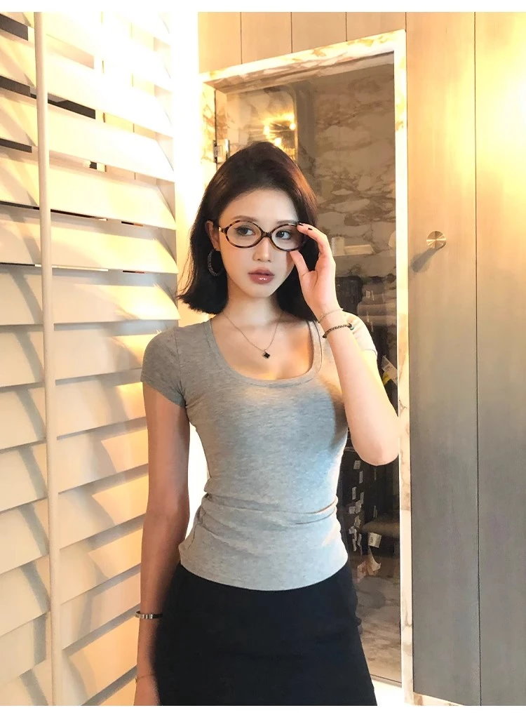 不冷BULENG 人手两件美式U领灰色短袖T恤女夏修身显瘦短款上衣