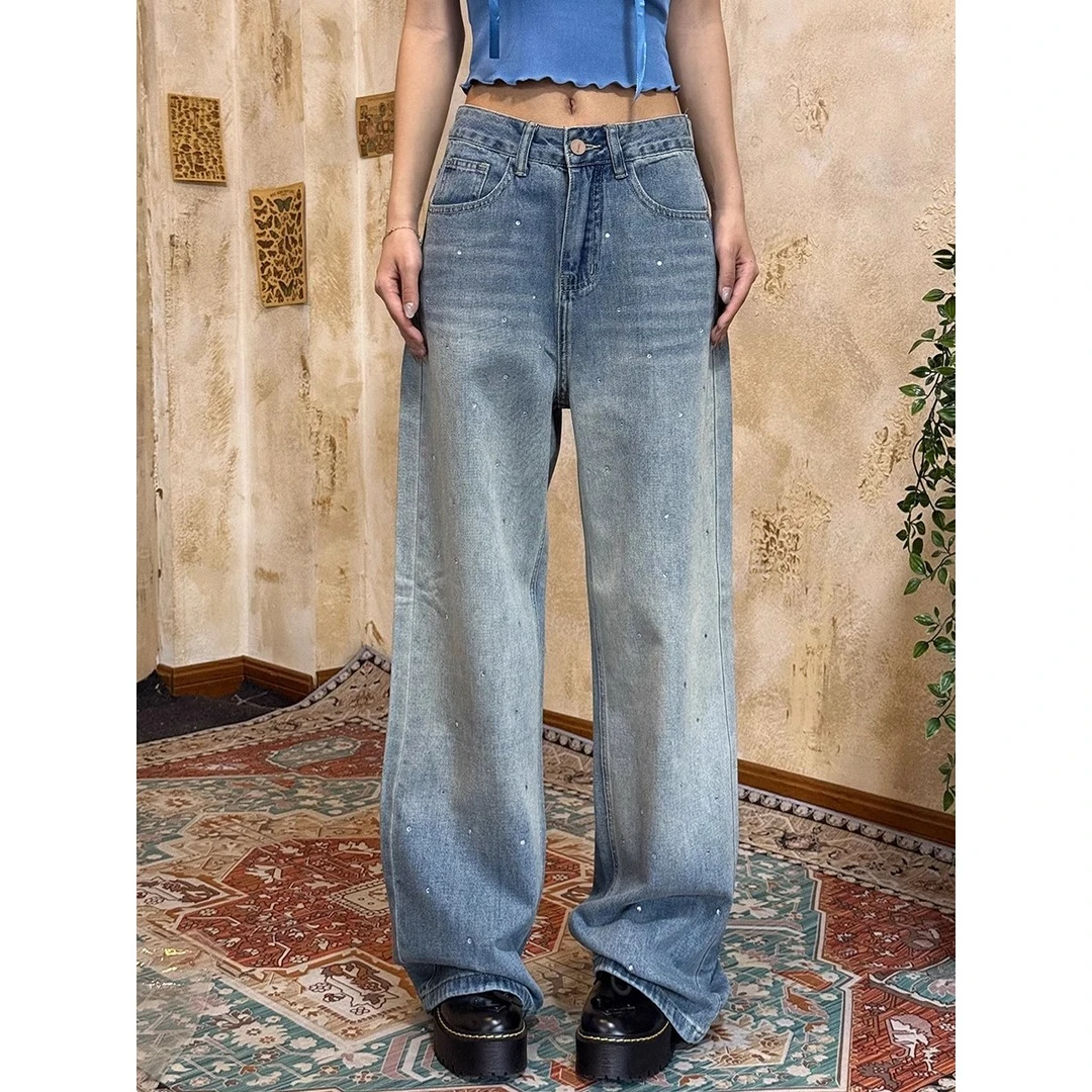 VintageTang美式复古烫钻牛仔裤宽松小众设计感拖地裤女骁呐K0313