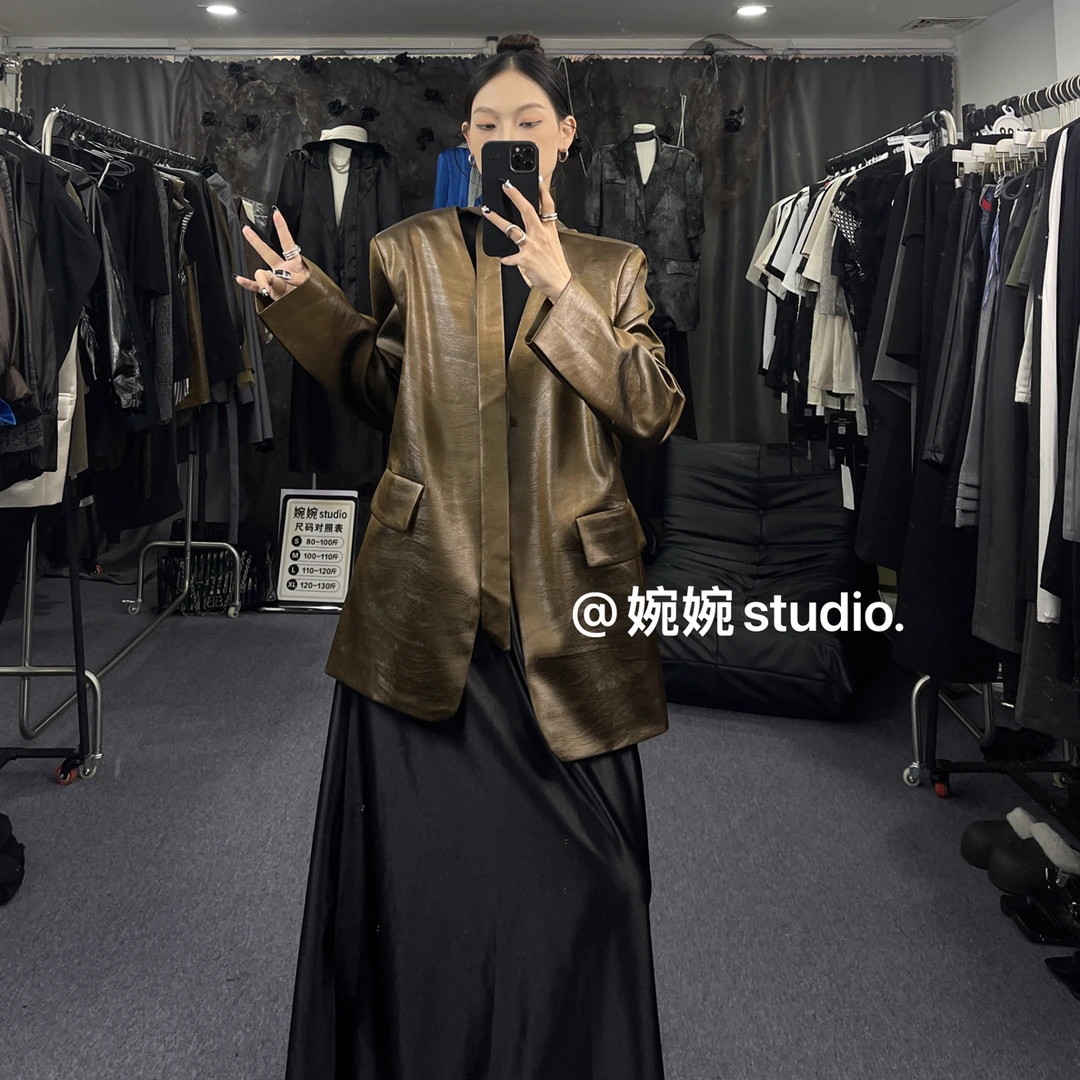 【婉婉studio】新面料飘带中长款仿皮秋韩版老钱风时髦显瘦女大衣