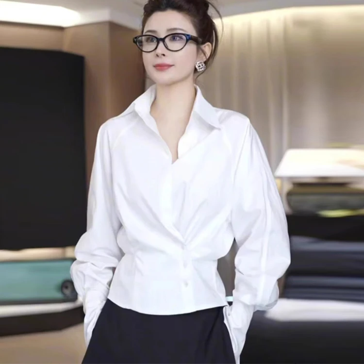 翻领长袖衬衫女春季高级感气质别致斜扣收腰显瘦衬衣时尚洋气上衣