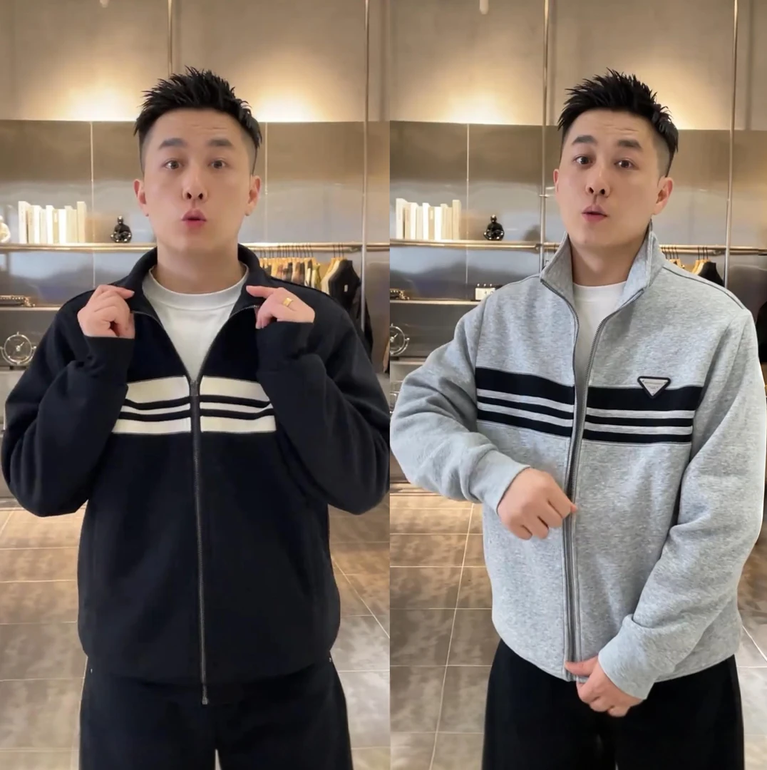 2025秋季新款拼接织带翻领开衫卫衣男高级感时尚百搭立领夹克外套