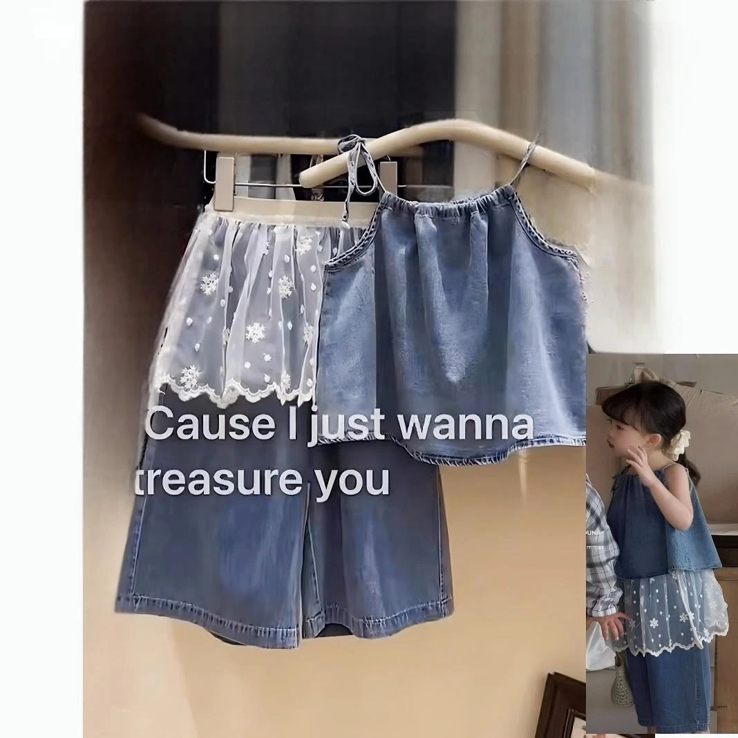 【现货】儿童牛仔套装夏季新款女童牛仔吊带可爱女宝宝牛仔裤三件套