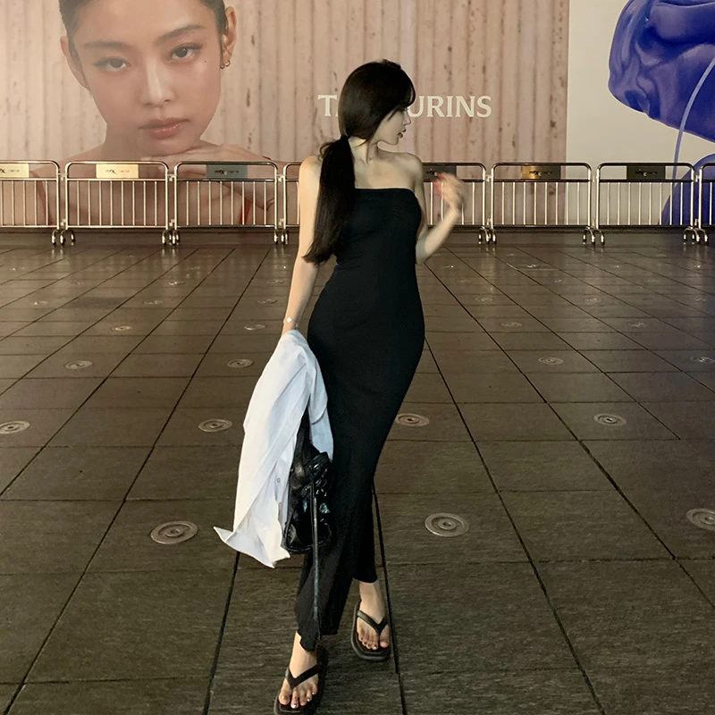 Liuu嘻嘻阿/针织鱼尾抹胸裙女夏季一字肩收腰显瘦弹力包臀长裙子