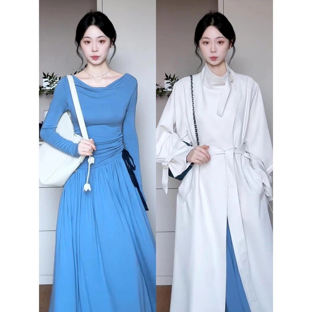 【万达撤柜】法式气质蓝色荡领长袖连衣裙子女秋冬2025新款高级感收