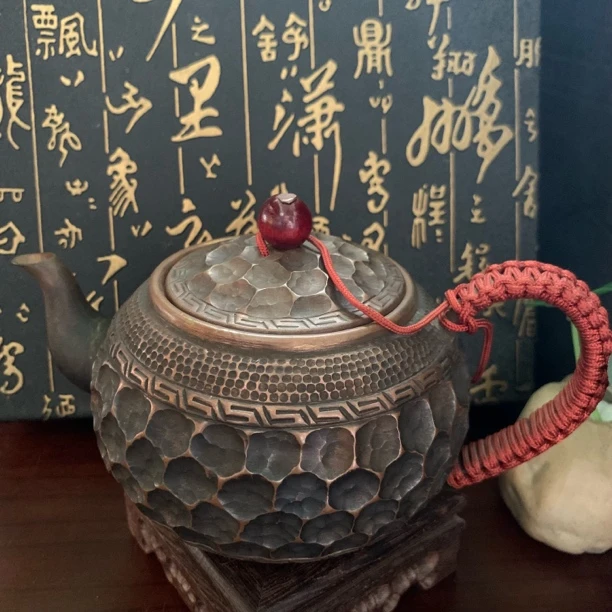 18号纯手工侧把做旧蜂窝铜壶红绳红木钮家用煮水复古中号