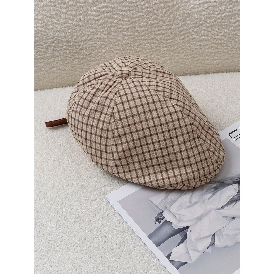 【尔给】日系复古卡其格纹显脸小前进帽女夏季薄款时尚贝雷帽