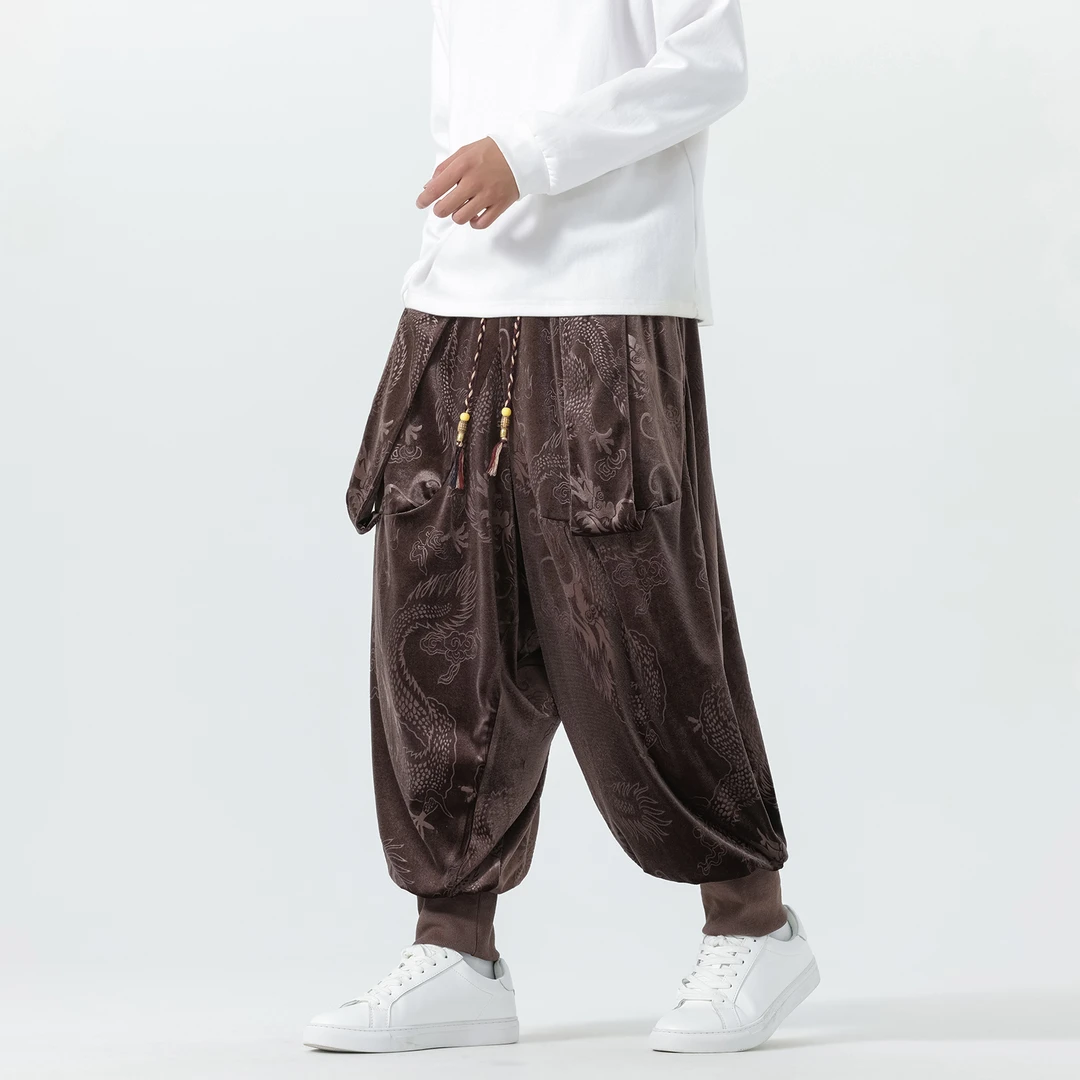 中国风男装唐装休闲裤秋冬季金丝绒龙纹提花哈伦裤大码宽松运动裤