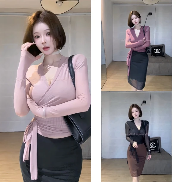 希野逸儿/双层网纱深V领交叉修身显瘦御姐纯欲性感外穿上衣女2025