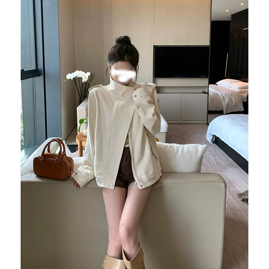 白巧恋人 春装新款外套米白色设计感不对称机车风宽松夹克上衣女