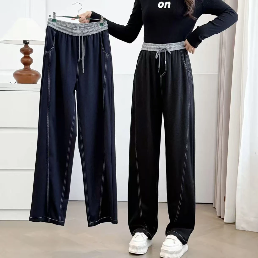 丹宁裤」大码女装秋季时尚洋气显瘦垂感高腰弹力窄版阔腿弯刀裤