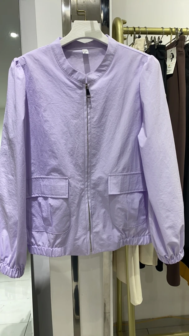 短款女透气女士立领夏季拉链短外套宽袖收口袖梭织时尚紫色