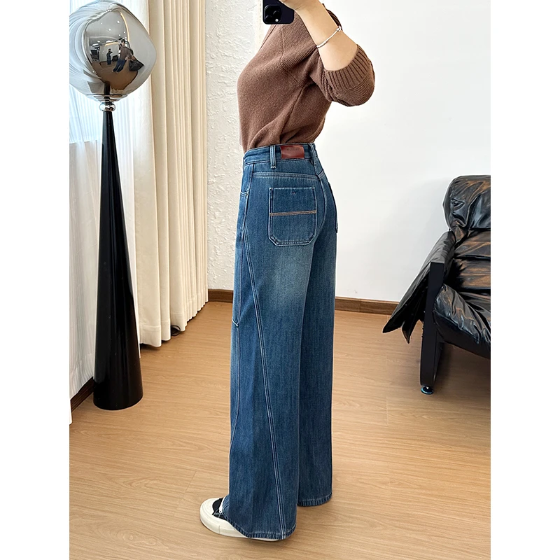 美思源秋冬加绒牛仔裤女款爆款2025新款高腰复古港风阔腿弯刀裤子