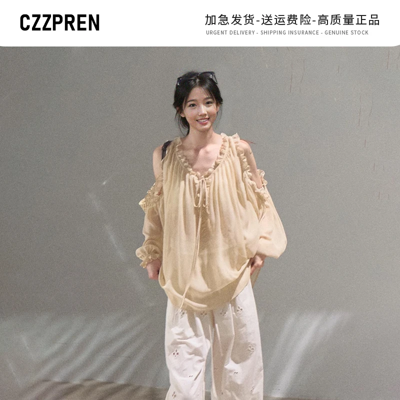 CZZPREN/ "比时间具象" 夏日设计感雪纺衬衫女宽松V领上衣