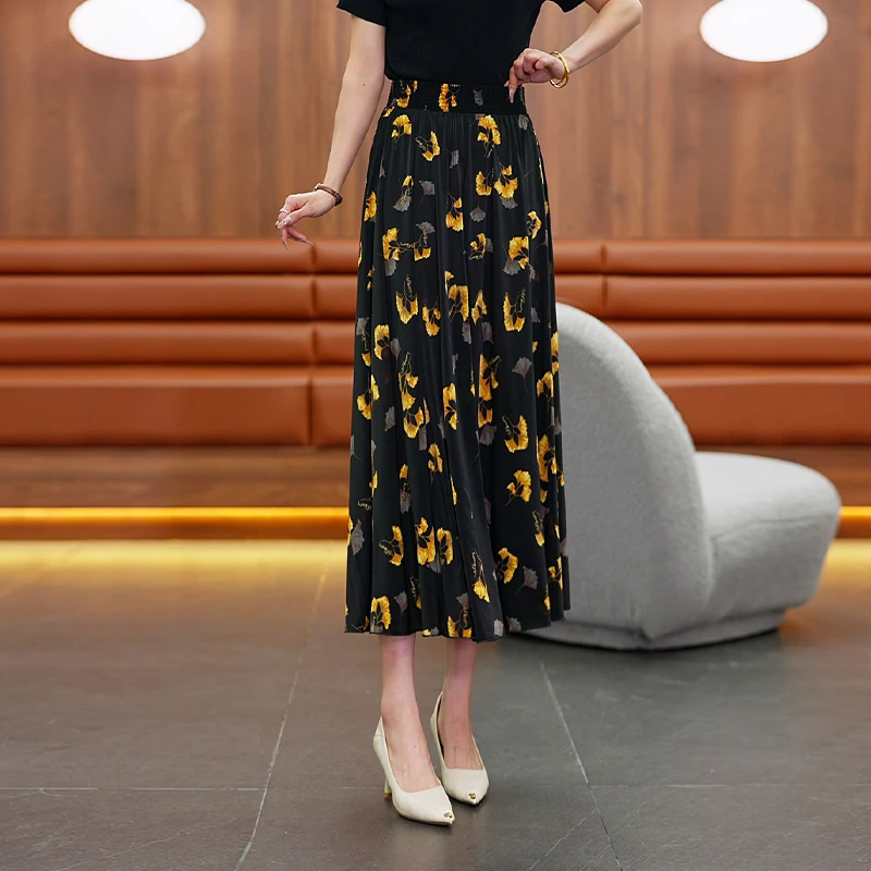 长款半身裙显瘦长裙高腰夏季气质碎花百搭A字 R692【银杏叶】