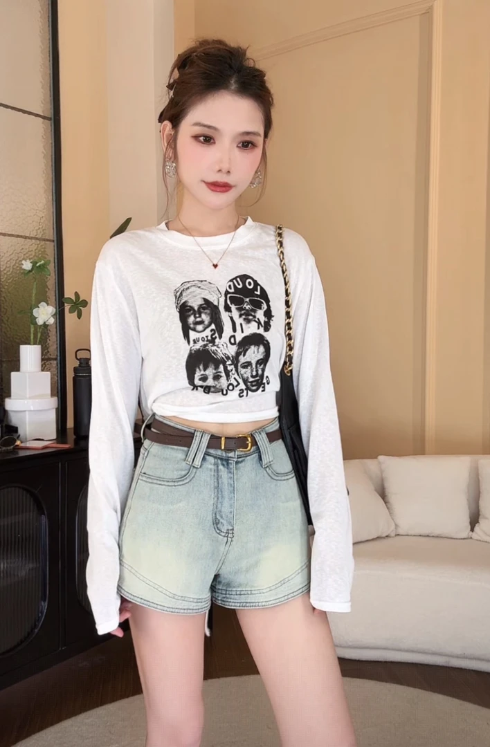 头像印花字母长袖T恤