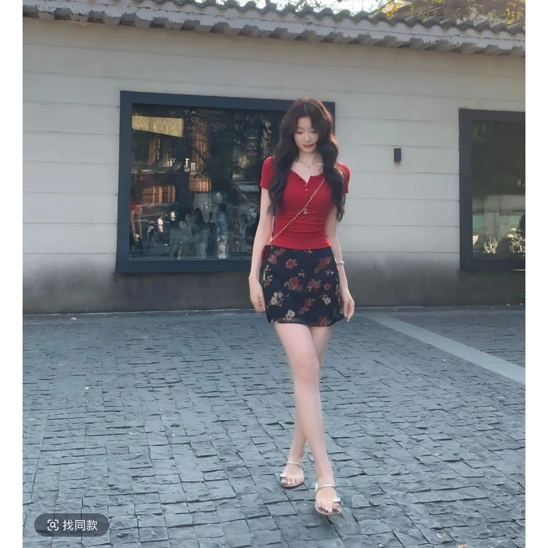 EIA一尧 仲夏玫瑰 韩系碎花慵懒感半身裙气质显瘦ins高腰长短款裙