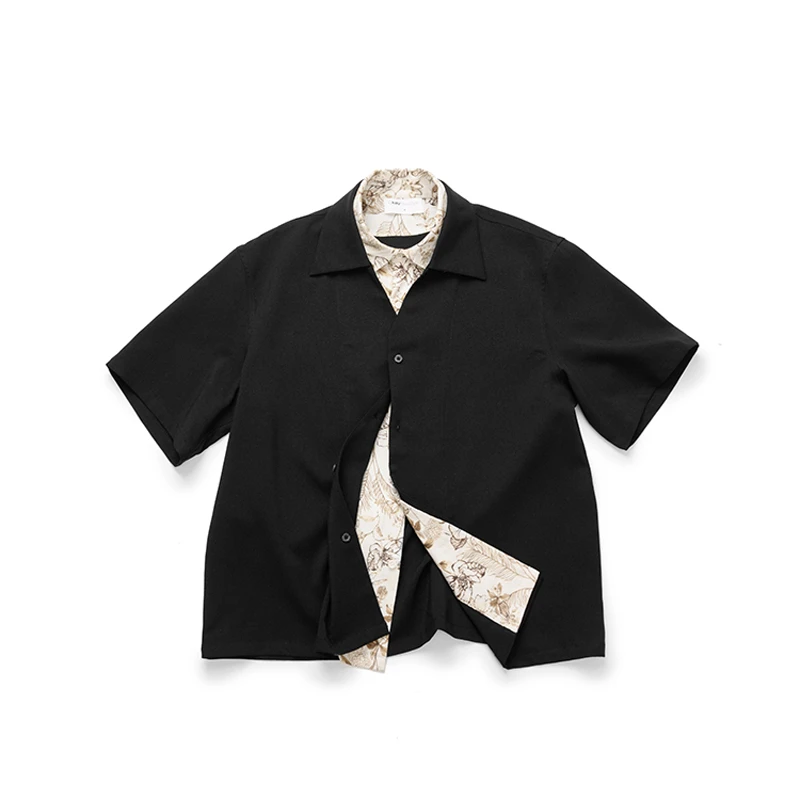 OkayThxBye "亚麻花领"优雅一片领翻领假两件休闲短袖衬衫上衣男