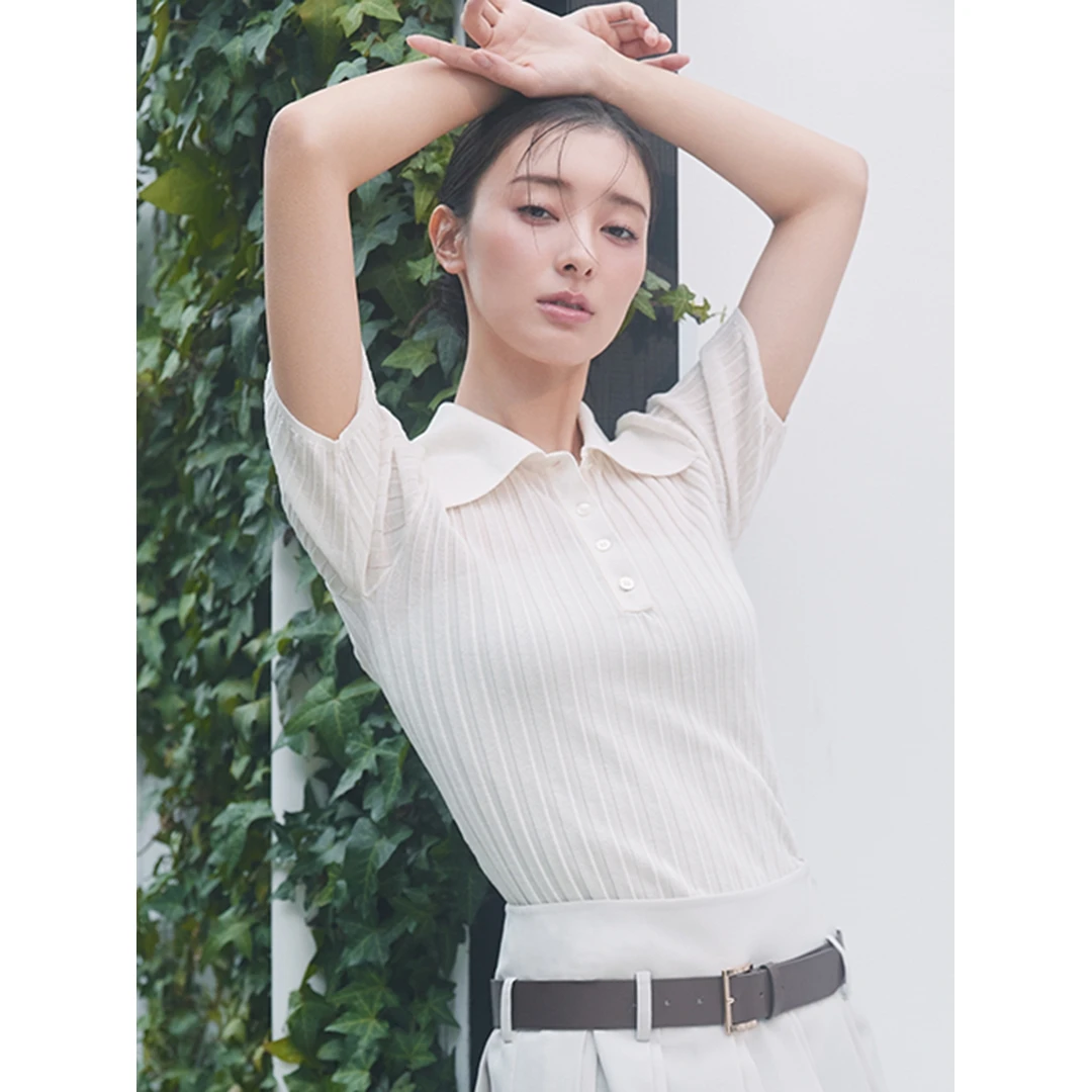 【六哥家】夏季新款 F 女款时尚真丝混纺透明罗纹针织 Polo 衬衫