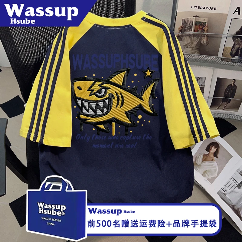 WASSUP HSUBE鲨鱼印花三条杠上衣夏季重磅短袖ins男女同款纯棉T恤