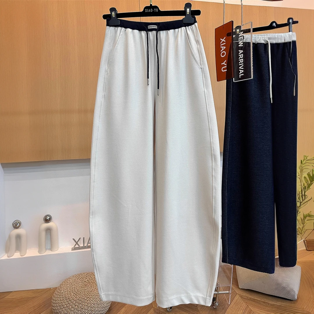 高端欧货秋季新款撞色拼接抽绳松紧高腰显瘦宽松弯刀阔腿裤女卫裤