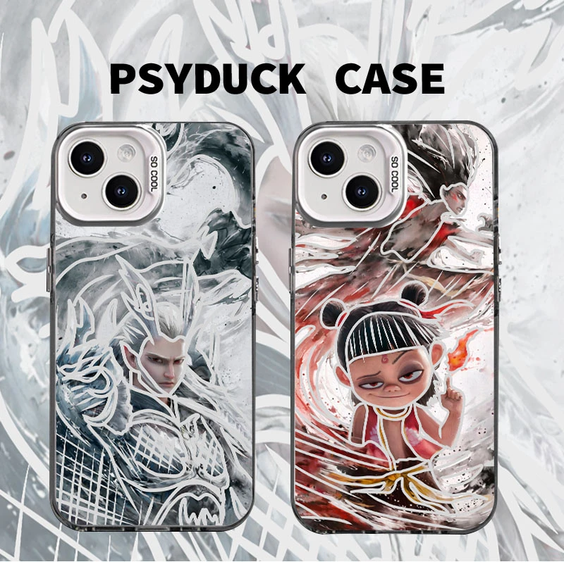 适用苹果华为一加iQOO小米魔童哪吒彩银白底创意动漫防摔手机壳