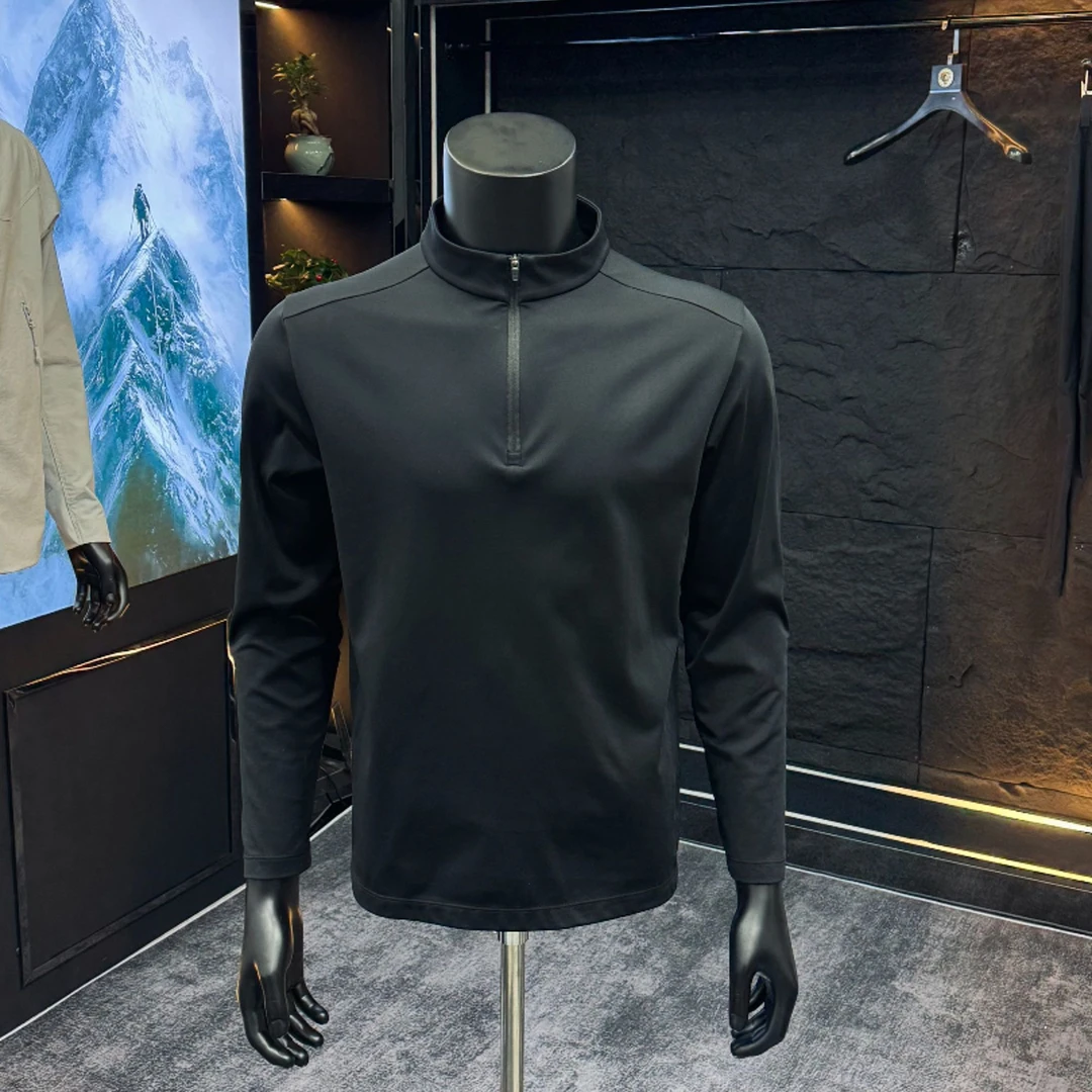 潮流日常长袖加绒T恤秋冬男士立领简约风