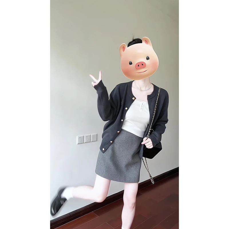 2025新款女士早春季韩系复古学院风针织开衫外套高腰显瘦半身裙