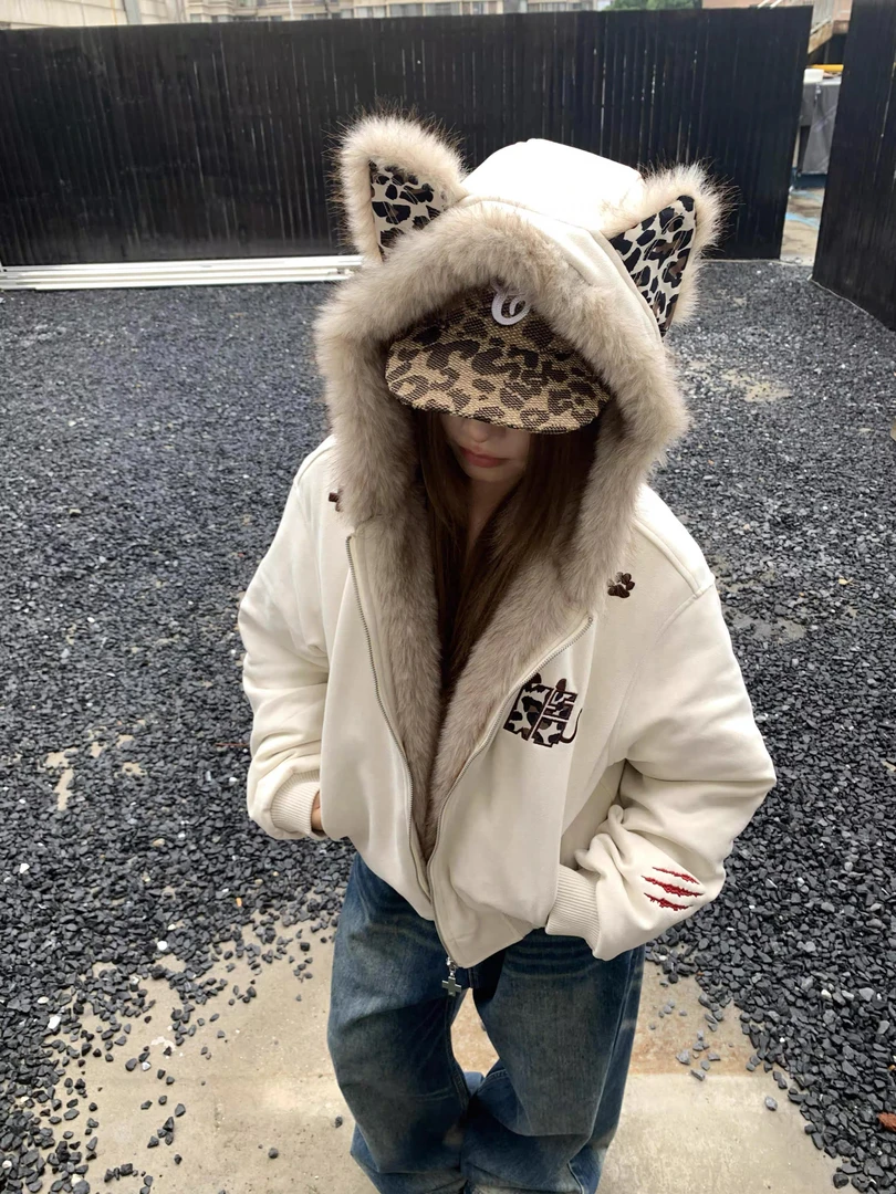 小恶魔耳朵豹纹贴布大毛领夹棉加厚座山雕外套冬季保暖秋冬