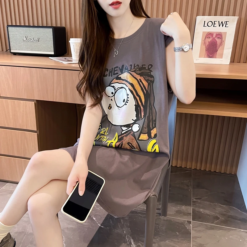 夏季无袖背心T恤女2025爆款韩版宽松大码显瘦设计感卡通纯棉上衣