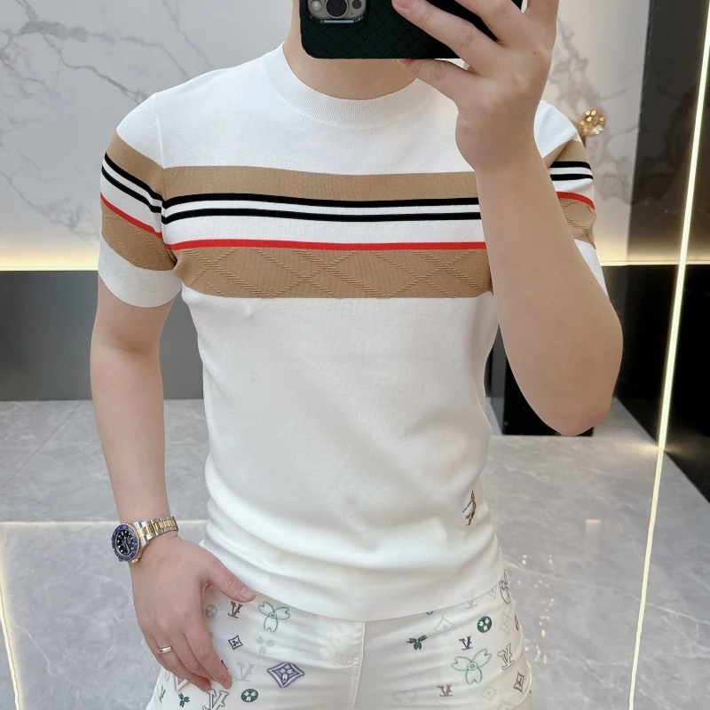 度尚-2025新款男士夏季高品质冰麻针织时尚潮流休闲圆领短袖t恤