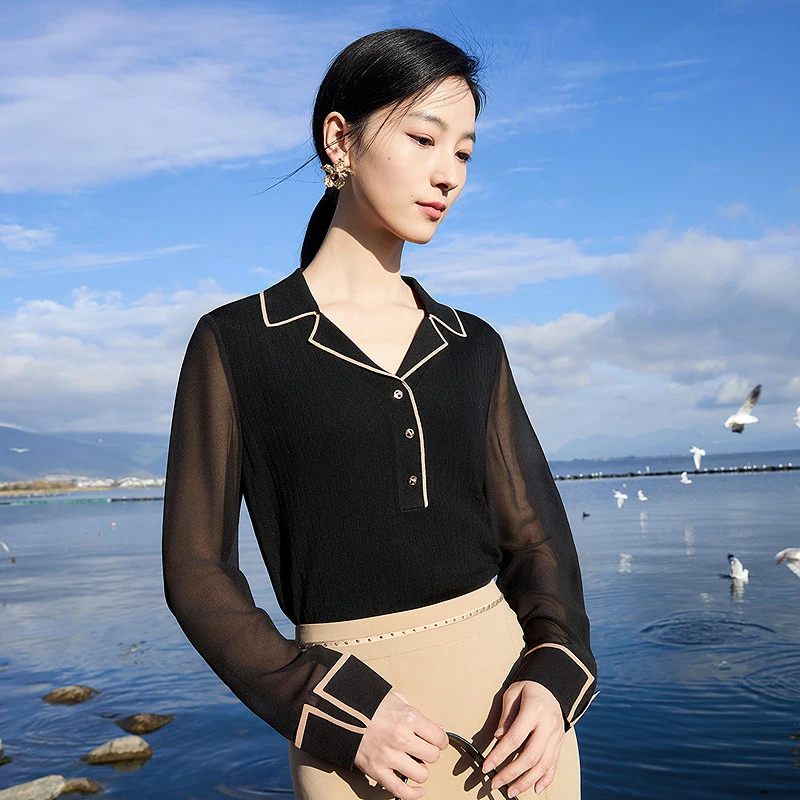 【婷婷专属】秋季居家休闲撞色百搭坑条透视长袖上衣女