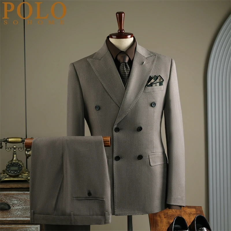 保罗双排扣西服套装男士高级商务正装修身新郎结婚礼服戗驳领西装
