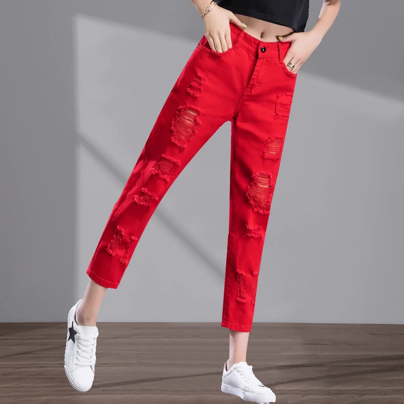 红色牛仔裤士直筒秋季女款破洞高腰显瘦百搭九分小个子哈伦女款裤