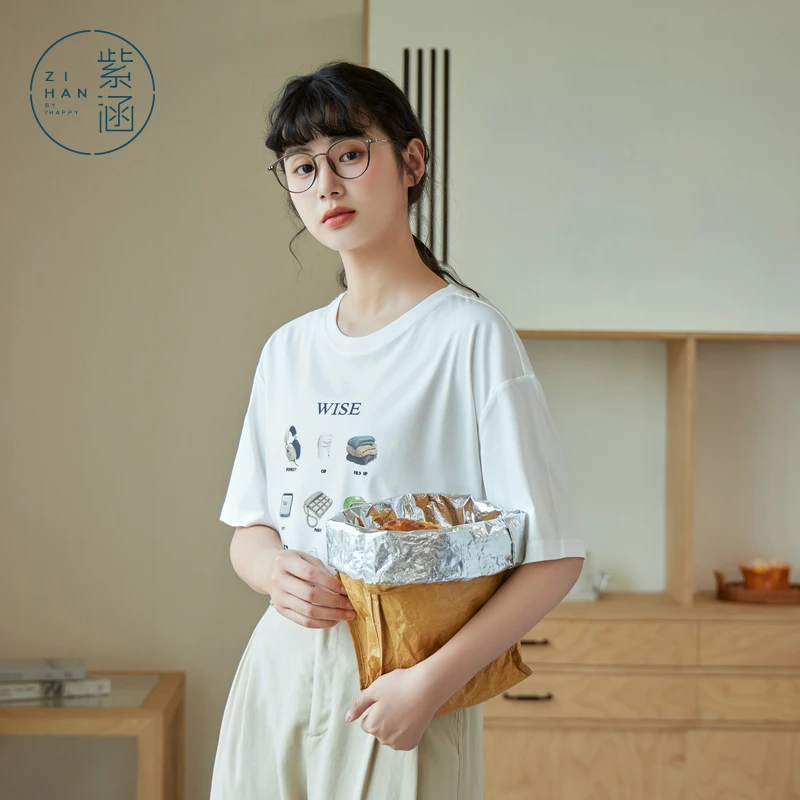 紫涵印花落肩袖T恤显瘦纯棉圆领短袖上衣Z4Z04JS715